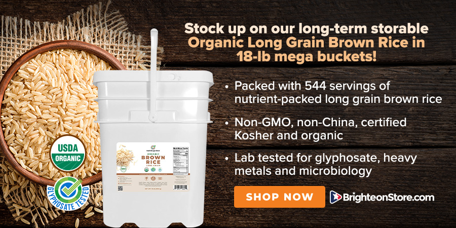 Stock up on Organic Long Grain Brown Rice in long-term storable 18-lb. Mega Buckets